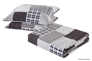 Black and Grey Modern Plaid Bedspread and Pillow Sham Set