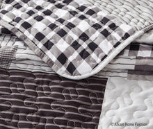 Load image into Gallery viewer, Black and Grey Modern Plaid Bedspread and Pillow Sham Set