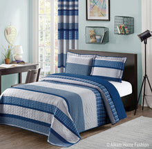 Load image into Gallery viewer, Blue and Gray Modern Plaid Bedspread and Pillow Sham Set | Matching Curtains Available!