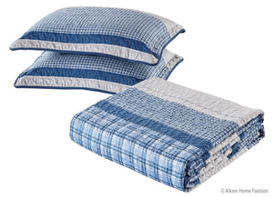 Blue and Gray Modern Plaid Bedspread and Pillow Sham Set | Matching Curtains Available!