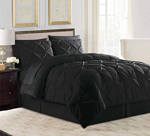 All American Collection 8 PC Soft Comfy Plush Pintuck Microfiber Comforter Set for Living Room Hotel Loft with Bedskirt Flat & Fitted Sheets Pillow Cases & Shams (King, Black)