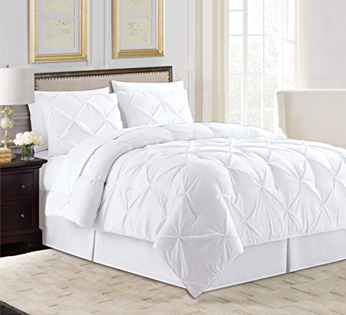 All American Collection 8 PC Soft Comfy Plush Pintuck Microfiber Comforter Set for Living Room Hotel Loft with Bedskirt Flat & Fitted Sheets Pillow Cases & Shams (King, White)