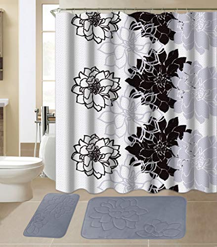 All American Collection 15-Piece Bathroom Set with 2 Memory Foam Bath Mats and Matching Shower Curtain | Designer Patterns and Colors (Flower Grey)