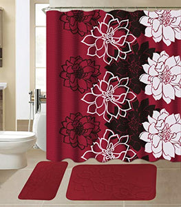 All American Collection 15-Piece Bathroom Set with 2 Memory Foam Bath Mats and Matching Shower Curtain | Designer Patterns and Colors (Flower Burgundy)