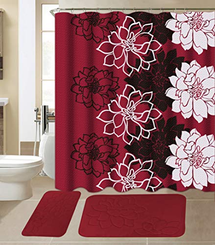 All American Collection 15-Piece Bathroom Set with 2 Memory Foam Bath Mats and Matching Shower Curtain | Designer Patterns and Colors (Flower Burgundy)