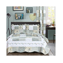 Load image into Gallery viewer, All American Collection New Reversible 3pc Floral Printed Patchwork Blue/Green Bedspread/Quilt Set