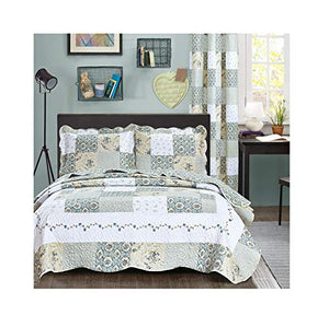 All American Collection New Reversible 3pc Floral Printed Patchwork Blue/Green Bedspread/Quilt Set