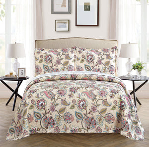 3pc Printed Modern Beige Floral Bedspread Coverlet