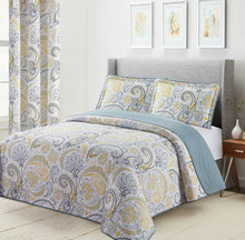 Load image into Gallery viewer, Yellow/Grey Paisley Printed Reversible Bedspread/Quilt Set