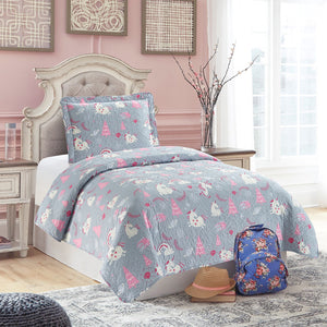 All American Collection Pink-Grey Unicorn Printed Bedspread Set