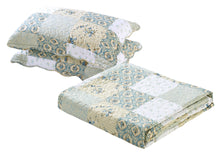 Load image into Gallery viewer, Floral Printed Patchwork Blue/Green Bedspread/Quilt Set
