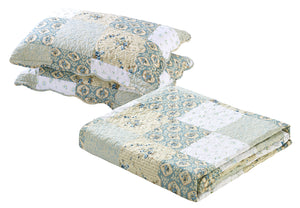 Floral Printed Patchwork Blue/Green Bedspread/Quilt Set