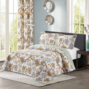 3pc Printed Modern Yellow Floral Bedspread Coverlet