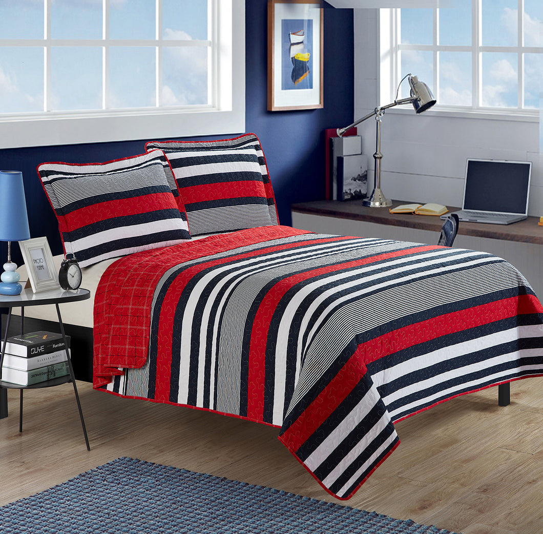 All American Collection Contemporary Red-Navy Striped Bedspread Set